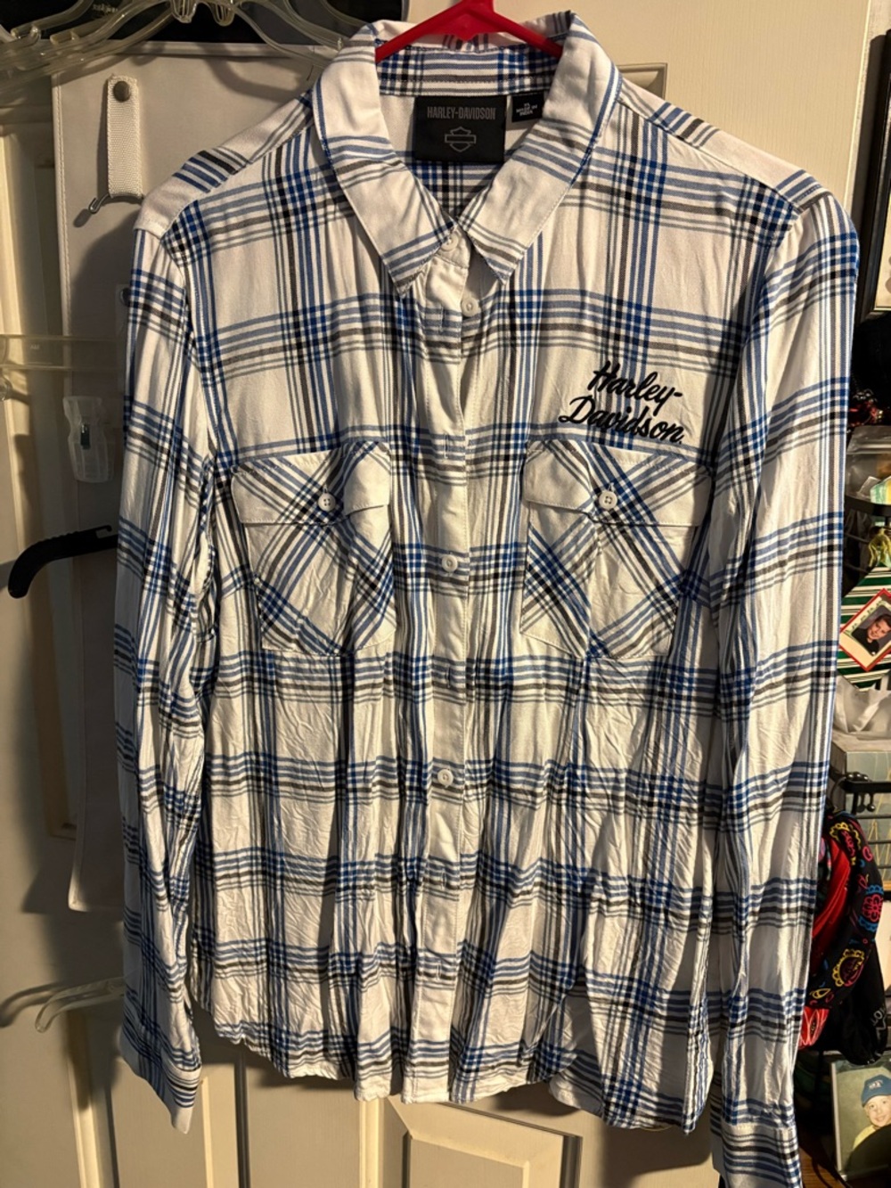Harley-Davidson White and Blue Plaid Button-Down Shirt